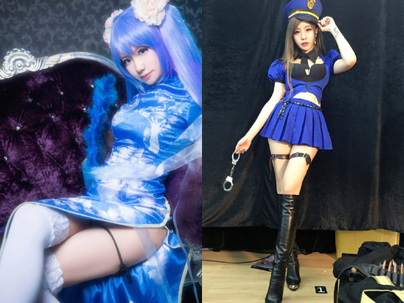 白ニーソのチャイナドレスコスと手錠持ち美脚警官コス