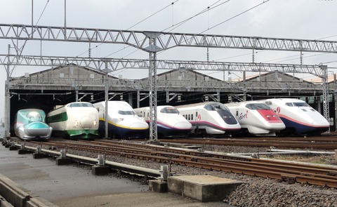 JR_East_Shinkansen_lineup_at_Niigata_Depot_201210