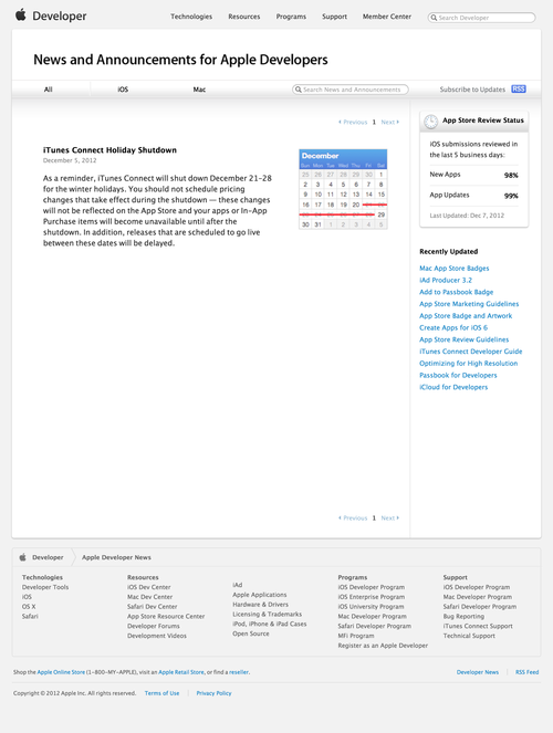 News and Announcements for Apple Developers (20121210)
