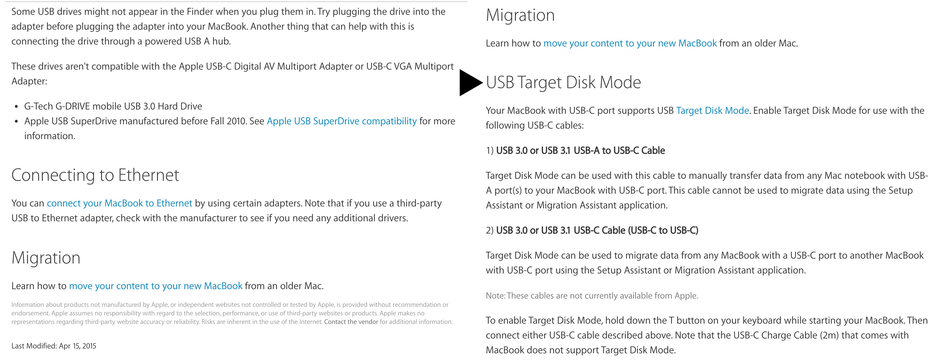 Apple、USB-Cのサポートページを更新。USB-Cを搭載したMacBookでもUSB-C to USB-C接続時はターゲットディスクモードでの設定／移行アシスタントが使用可能。