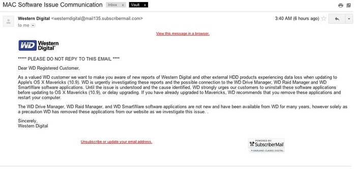 Western Digital、OS X Mavericksで外付けHDDのデータが消えてしまう可能性がるとして同社製のユーティリティアプリを使用しないように警告。