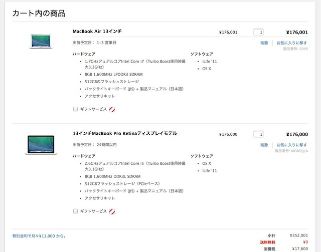 MacBookAir13インチと13インチMacBookProRetinaの銅価格比較