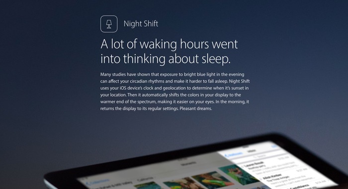 ブルーライトを軽減するiOS 9.3の新機能「Night Shift」はApple A6など非64bitプロセッサを搭載したiOSデバイスでは動作しないもよう。