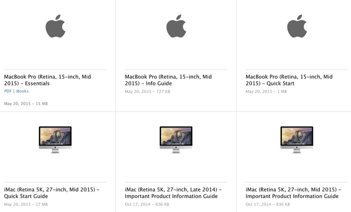 Apple、iMac (Retina 5K, 27-inch, Mid 2015)とMacBook Pro (Retina, 15-inch, Mid 2015)のサポートマニュアルなどを公開。