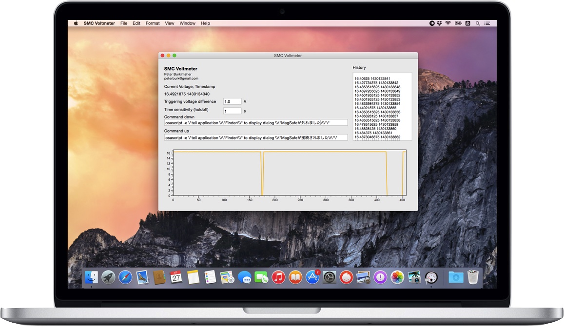 MagSafeポートの電圧を監視し、電圧が一定の変化をするとスクリプトを実行するMacBook用アプリ「SMC Voltmeter」がリリース。