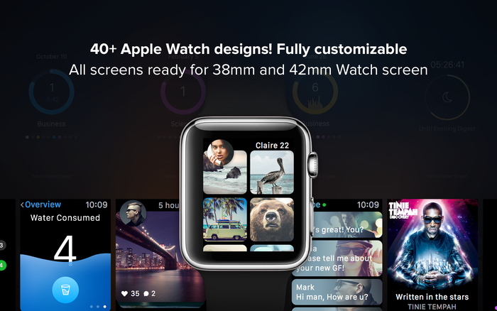 TwitterやSkypeなど10種類以上のApple Watchのコンセプトアプリが収められたテンプレート「Apple Watch GUI Kit v2.0」がPSDとSketchフォーマットで配布開始。