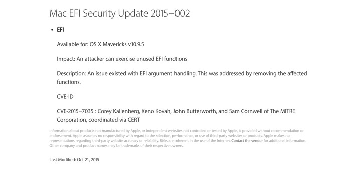 Apple、OS X 10.9 Mavericksを搭載しているMac向けに「Mac EFI Security Update 2015-002」を配布。認証無しにEFIが上書きされてしまう脆弱性を修正。