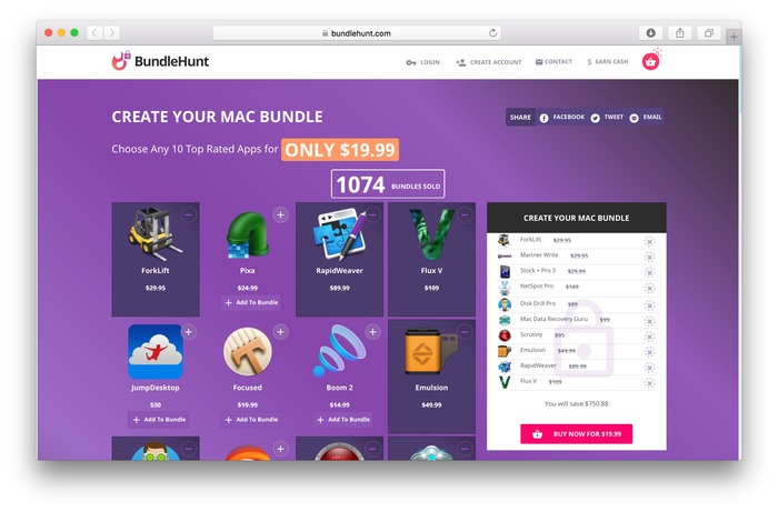 BundleHunt、ForkLiftやDisk Senseiなど30アプリから欲しい10アプリを選択し19.99ドルで購入できる「Create Your Mac Bundle」キャンペーンを開催。