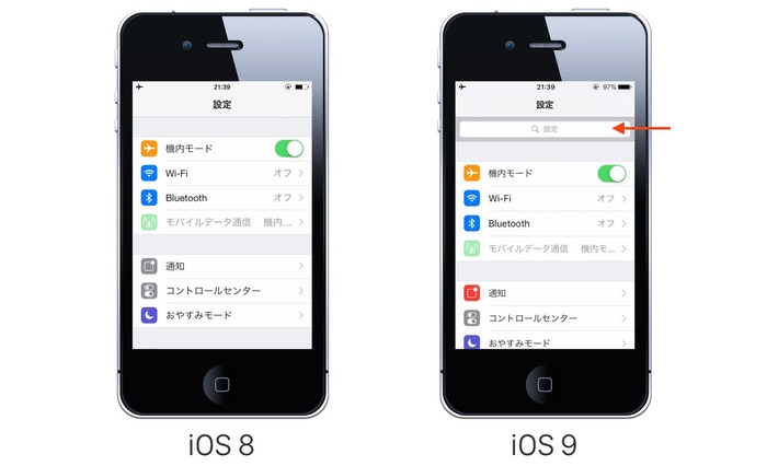 iOS 9の設定アプリはOS Xのシステム環境設定アプリのように設定項目を検索し素早くアクセスすることが可能に。