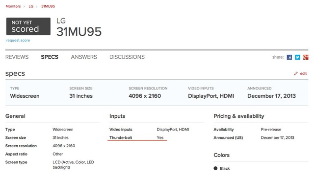 そろそろ詳細が発表される？AdobeRGB カバー率99% & Thunderbolt2対応のLG 4Kディスプレイ「31MU95」が気になる…