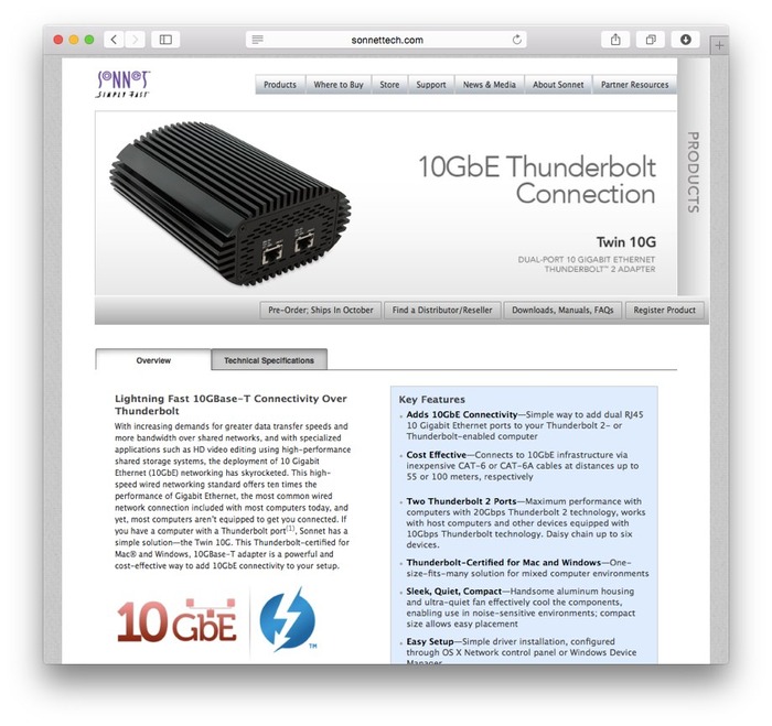 Sonnet、Thunderbolt 2を10 Gigabit Ethernet x 2に変換できるアダプター「Twin 10G」を発表。