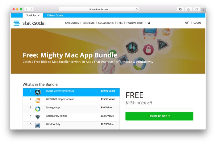 StackSocial、合計131ドル分のアプリ10個を無料でダウンロードできる「Free: Mighty Mac App Bundle」キャンペーンを開催中。