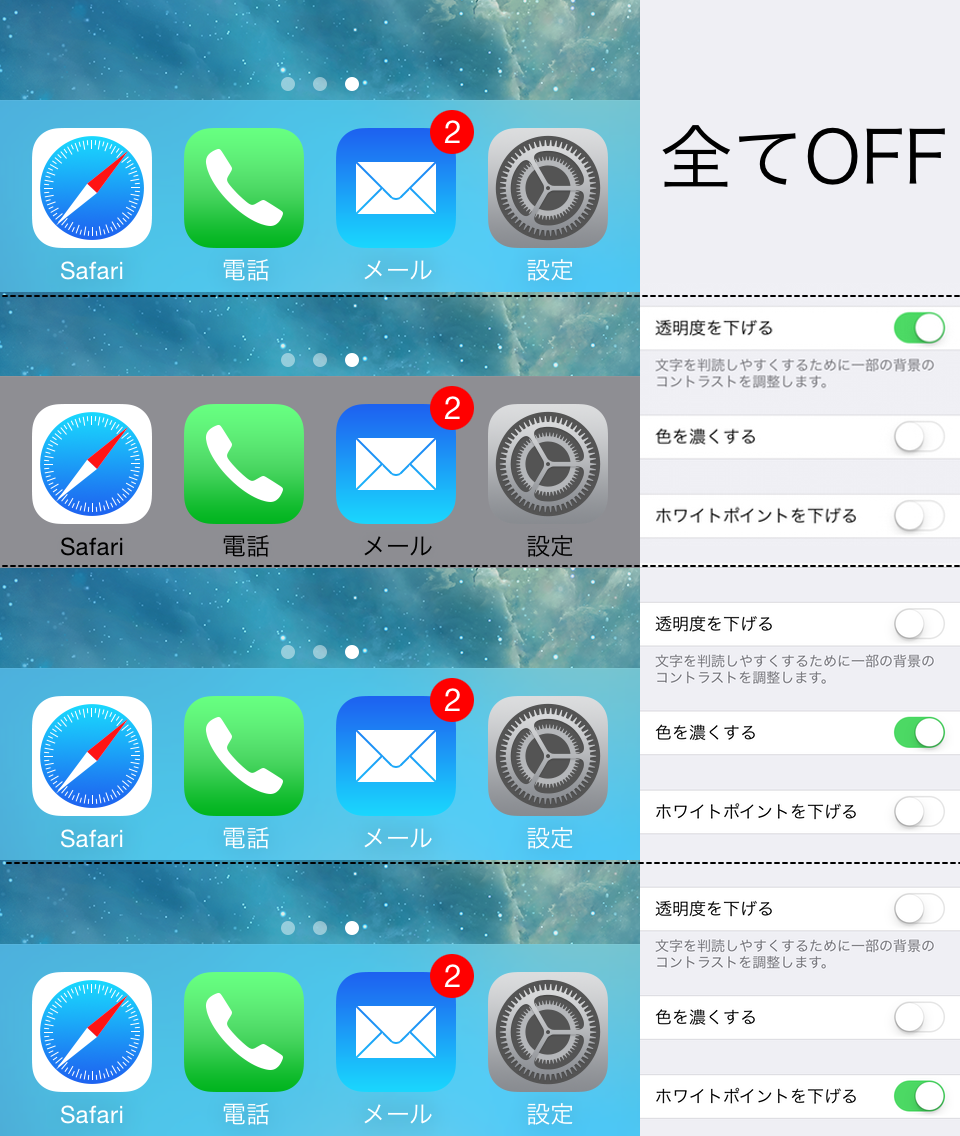 Ios 7 1にアップデートしてドックやフォルダがグレーになってしまったら コントラスト 設定の 透明度を下げる をoffに pl Ch