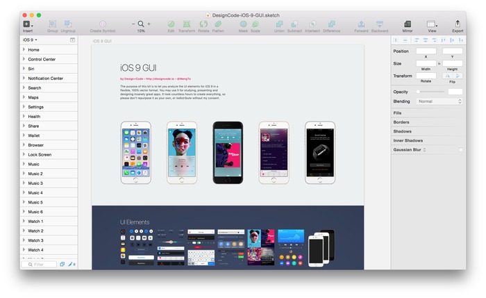 Design+Code、MacアプリSketch用のiOS 9ベクター素材「iOS 9 GUI for Sketch」をリリース。