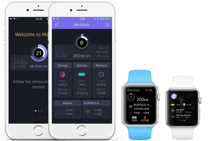 Apple WatchからiPhoneのシステム情報やデータ通信量を確認出来るアプリ「MiniStats」が期間限定で無料セール中。