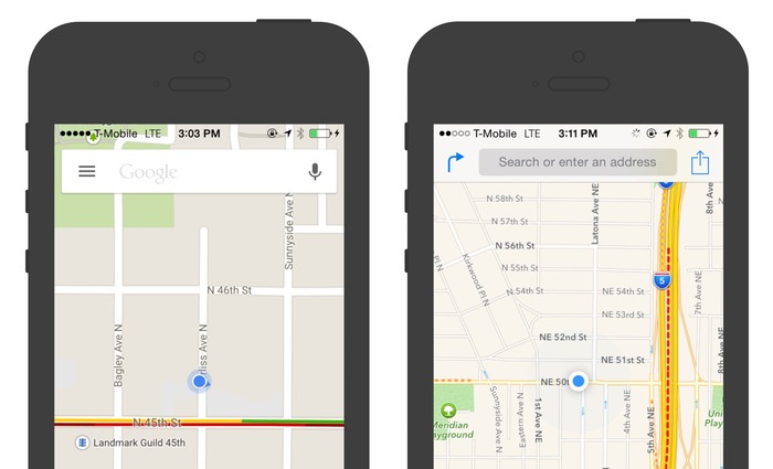 GoogleとAppleのiPhone用MapアプリのUXデザインを比較した記事が面白い。