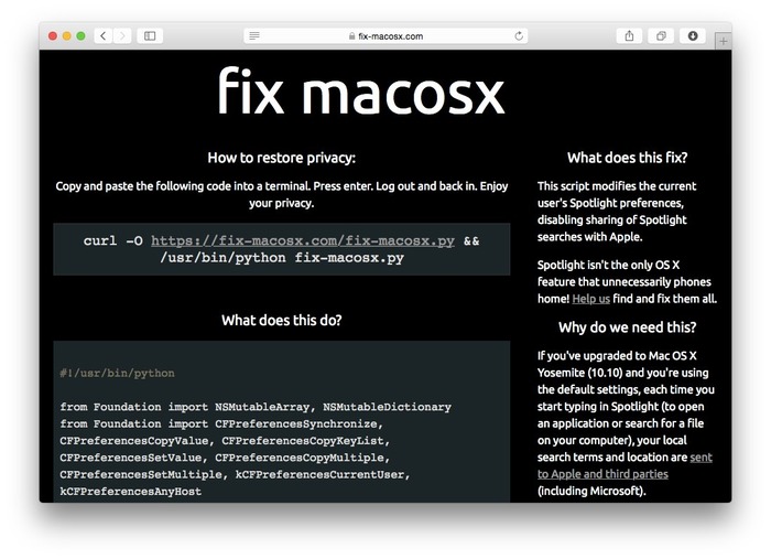 OS X YosemiteのSpotlight検索がAppleやMicrosoftにデータを送信するのを止めるScript「fix-macosx.py」。