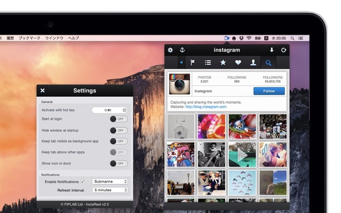 Macのメニューバー常駐型 Instagramクライアント「InstaReel for Instagram」が無料セール中。