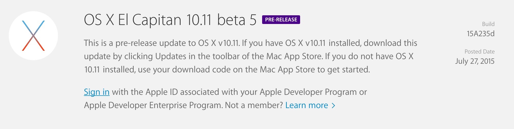 Apple、開発者向けにOS X El Capitan 10.11 Developer Beta 5 Build 15A235dをリリース。