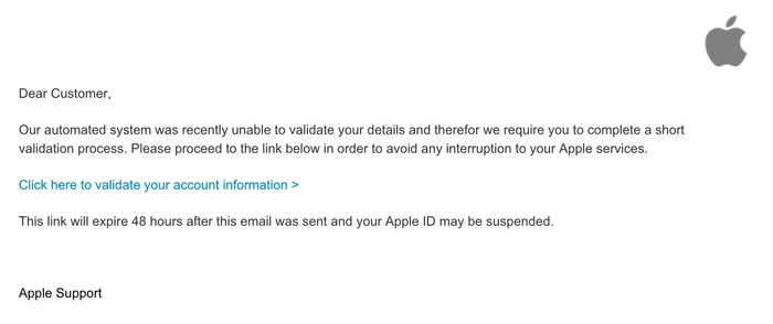 Apple IDを停止しました（Your Apple ID has been suspended）という件名のメールから、日本語のフィッシング サイトへ誘導する詐欺が増加中。