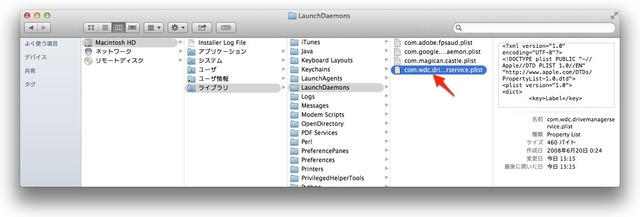 3-LaunchDeamons内のWesternDigitalアプリ設定ファイル