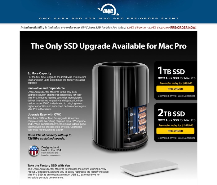 OWC、MacPro Late 2013用の容量1TBと2TBのPCIe SSDの予約販売を開始。2TBモデルの価格は1479ドル。