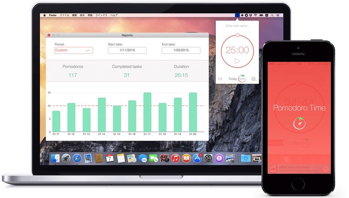 毎日の成果をグラフ化しiOSとも同期できるMac用ポモドーロタイマーアプリ「Pomodoro Time Pro」が今日だけ無料セール中。