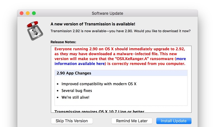 Mac用に開発されたランサムウェア「KeRanger」に感染したTransmissionは約6,500ダウンロードされ、今後調査結果を公開。