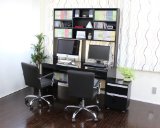 パソコンデスク ブラック鏡面 １40cm幅 大型上置書棚付き　システムデスク３点セット JS135BK