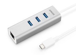 Anker USB-C &amp; 3ポート USB 3.0 ハブ イーサネットアダプタ付属 USB Type-C機器対応 新しいMacBook ChromeBook Pixel 他対応 (シルバー アルミニウム)