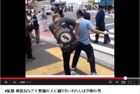 無抵抗なデモ警備の人に蹴りをいれたしばき隊の男