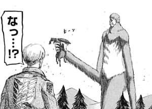 獣の巨人が馬を掴みミケに投げる