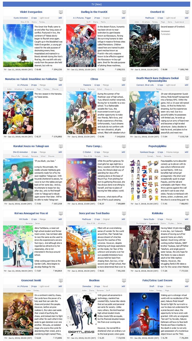 2018冬アニメ