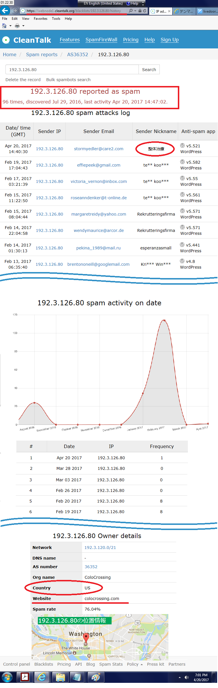 駐米スパマーのIPアドレス(192.3.126.80)がブラックリストに載っている