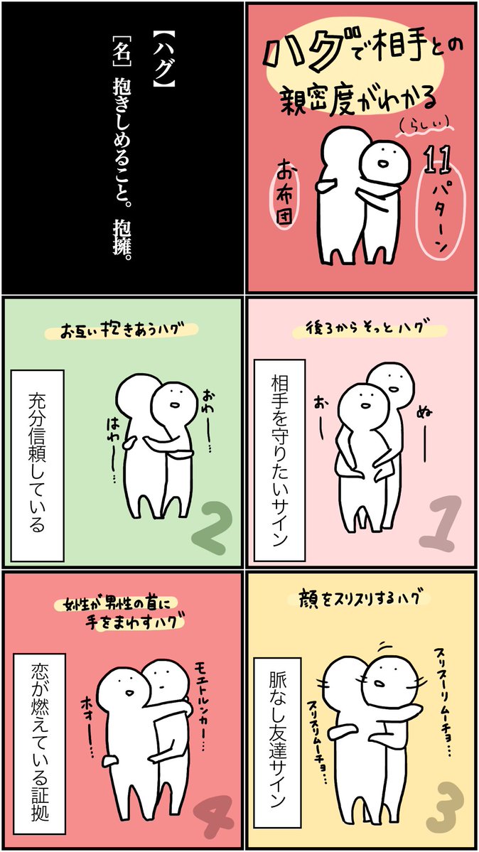 画像あり】ハグの仕方で『恋人との親密度』が分かるイラストが