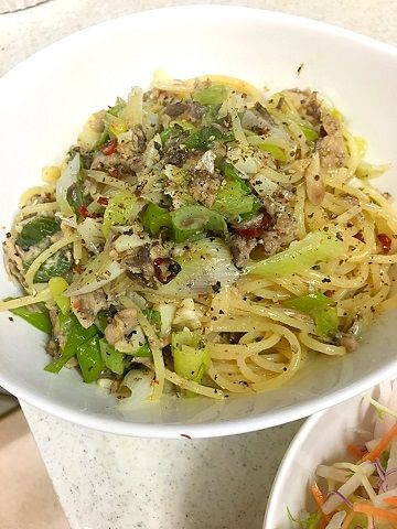 鯖と葱のペペロンチーノ@自宅
