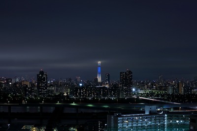 上半分が雲の中の東京スカイツリー夜景「粋」