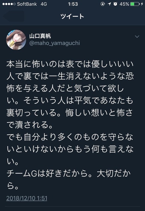 【NGT48】山口真帆「本当に怖いのは表では優しい人で裏では一生消えない恐怖を与える人。そういう人は平気であなたも裏切ってる」