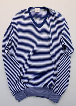 MIDA Cotton Knit Vneck Border WHITE X BLUE