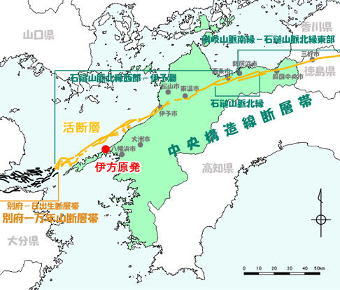 伊方原発と日本最大級の活断層・中央構造線の図
