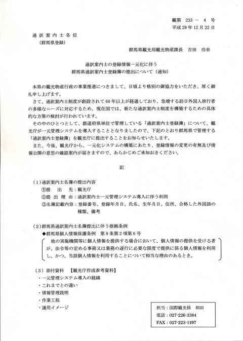 群馬県観光局からの名簿提出通知