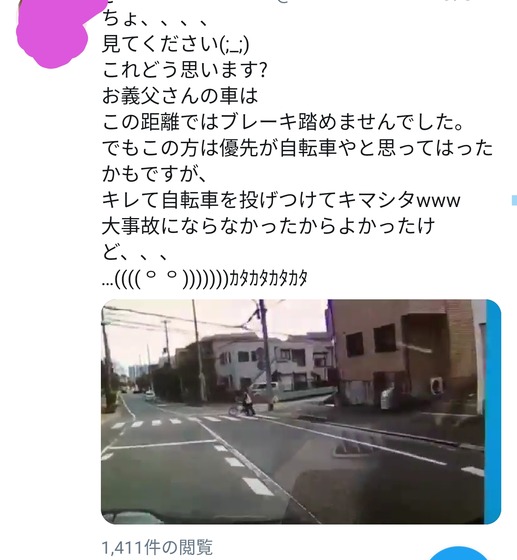 【動画】信号のない横断歩道で止まらない車が自転車を投げつけられる