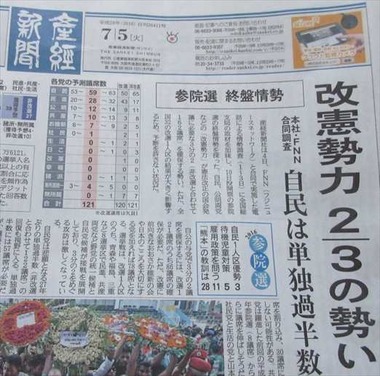 2016年 参院選 各党の予想獲得議席 産経新聞7月5日1