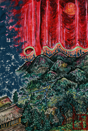 アラスカのデナリにかかる赤いオーロラの幻想絵画 アラスカのデナリに