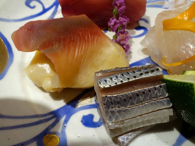 お造り(鰹,マコガレイ,コハダ,ホッキ貝の炙り焼き) 4_edit