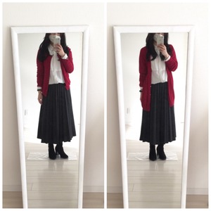 赤いカーディガン着こなし43