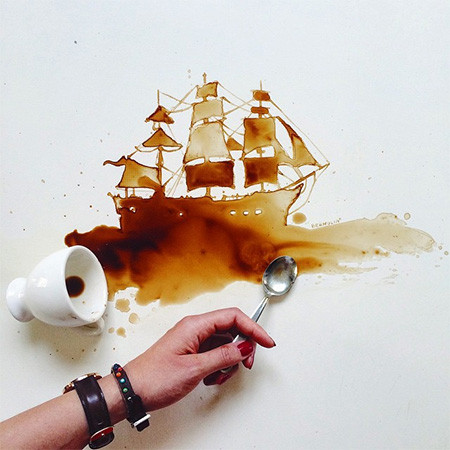 【画像】こぼれたコーヒーのシミで絵を描く!洋風の水墨画のようなアート!!の画像(2枚目)