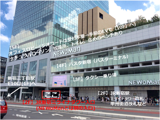 オフィスビルの入口は2階(甲州街道沿い)のココ↓↓ NEWoMan(ニュウマン)とは別口です