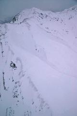 雪崩が起きた立山・雷鳥沢付近。別山(正面)左側で剣御前小屋のある屋根の鞍部直下数百メートル付近にスノーボードが散乱していた