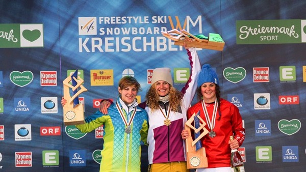 Women's SBX podium at Kreischberg WCS with 2nd Nelly Moenne Loccoz (FRA), 1st Lindsey Jacobellis (AUT) and 3rd Michela Moioli (ITA)